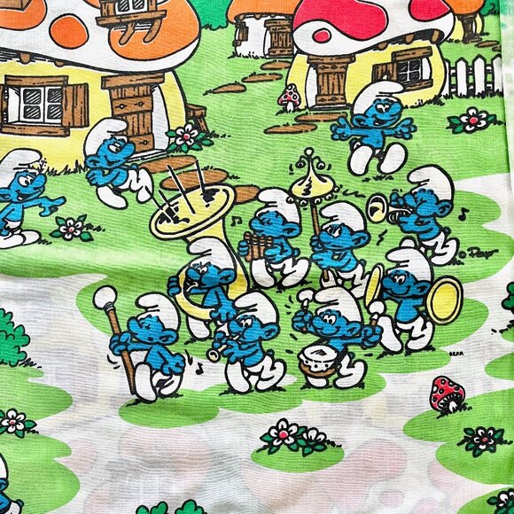 Vintage 1980s Smurf Sheet Set w Fitted Bottom + Flat Top + Pillowcase Peyo Retro - Picture 12 of 14